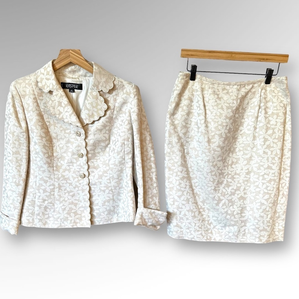 Kasper Cream Floral Jacquard Blazer and Skirt Set